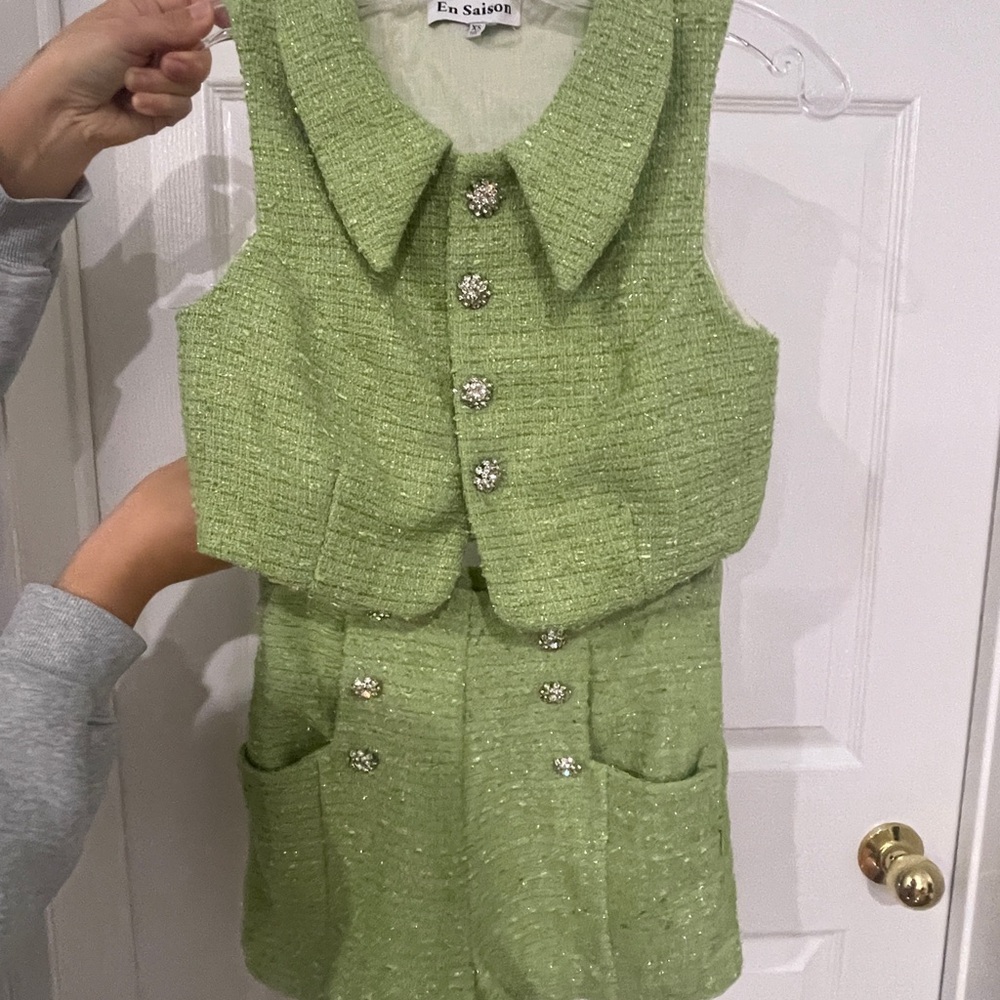 En Saison Green Tweed Vest and Skirt Set